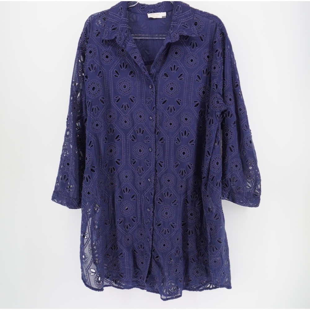 Johnny Was Navy Blue Eyelet Cotton Silk Button Down Tunic Top CSW0525-D XL